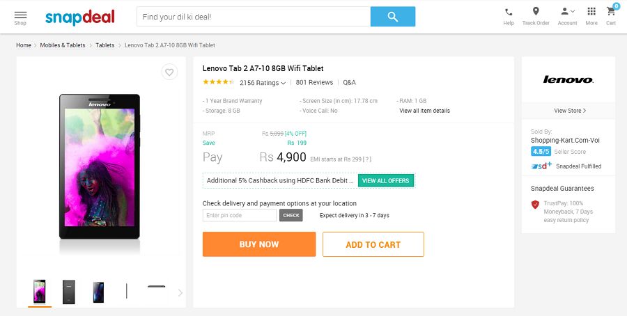 Snapdeal lenovo tab 2 a710 product page