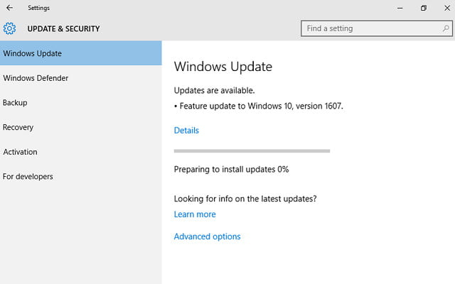 windows 10 anniversary update installing