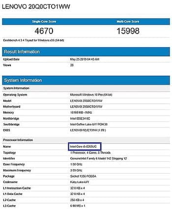 Intel core i5 8265UC leaked geekbench score