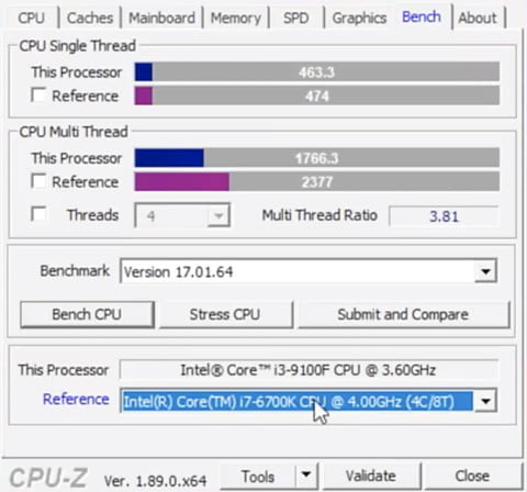 intel core i3 9100f cpu z benchmark