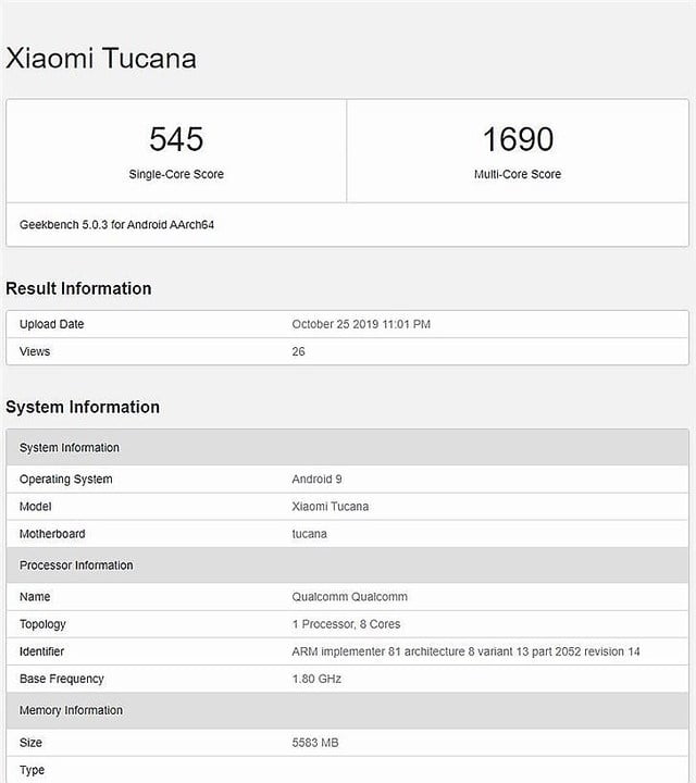 xiaomi cc9 pro geekbench benchmark leaked score