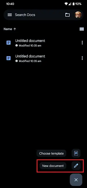 open new document in the mobile app version of google docs