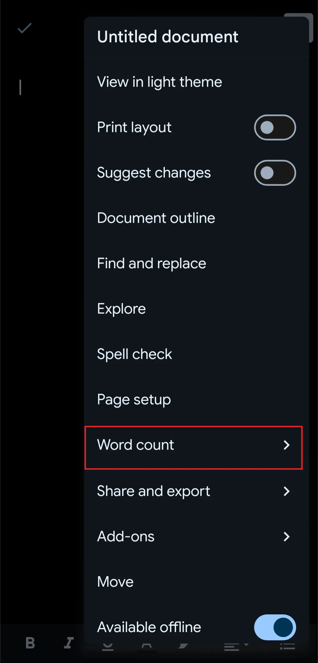 how to open the word count on google docs android app